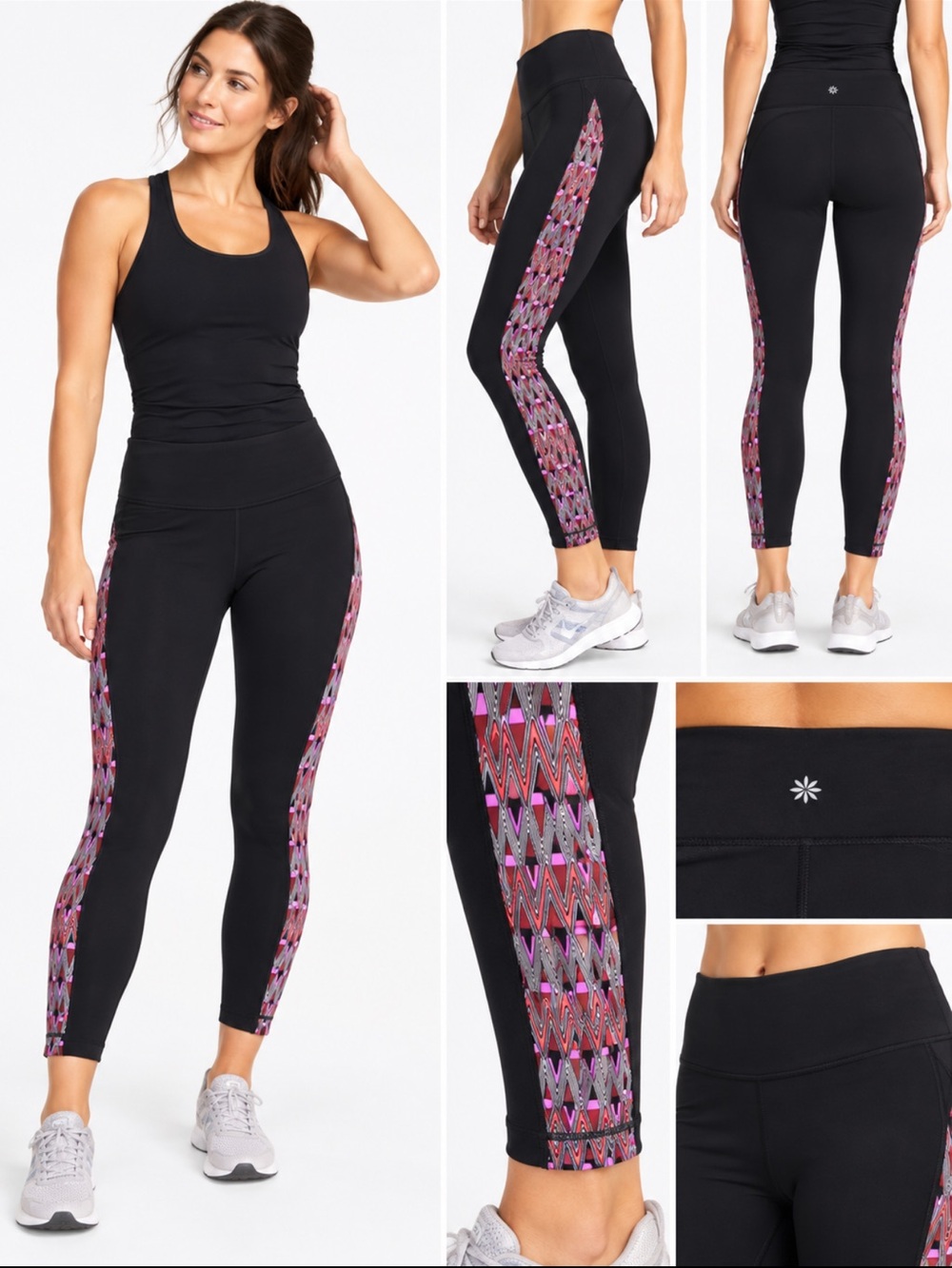 Athleta Women’s Large Black Geometric Side Panel 7/8 Athletic Leggings - Picture 1 of 8